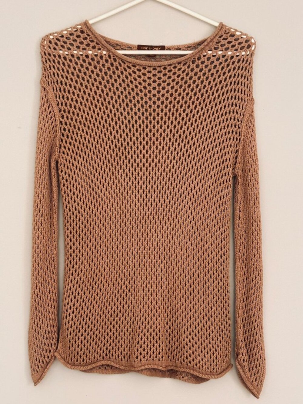 Hive & Honey Tan Open Knit Long Sleeve Fisherman Sweater Womens S Coastal Beachy
